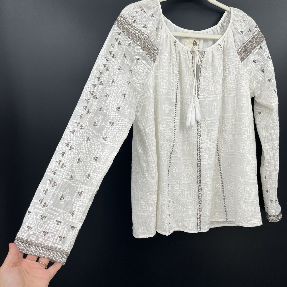 the jetset diaries TJD Boho Cotton Silk Shimmer Blouse L Embroidery Long Sleeve